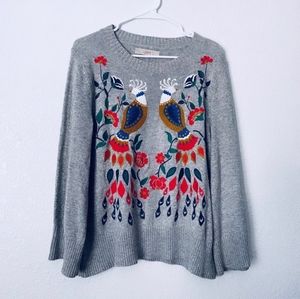 Loft Embroidered Bird Floral Flare Sleeve Sweater